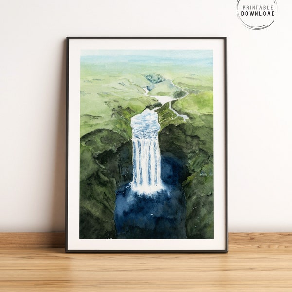 Peinture d'Islande, cascade de Skogafoss, art mural d'Islande, impression de paysage islandais, affiche de voyage scandinave, décoration murale nordique