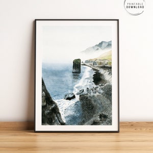 Island druckbare Wandkunst, Fauskasandur schwarzer Sandstrand, isländische Aquarellmalerei, Island Wandkunst, Europa Reise Poster