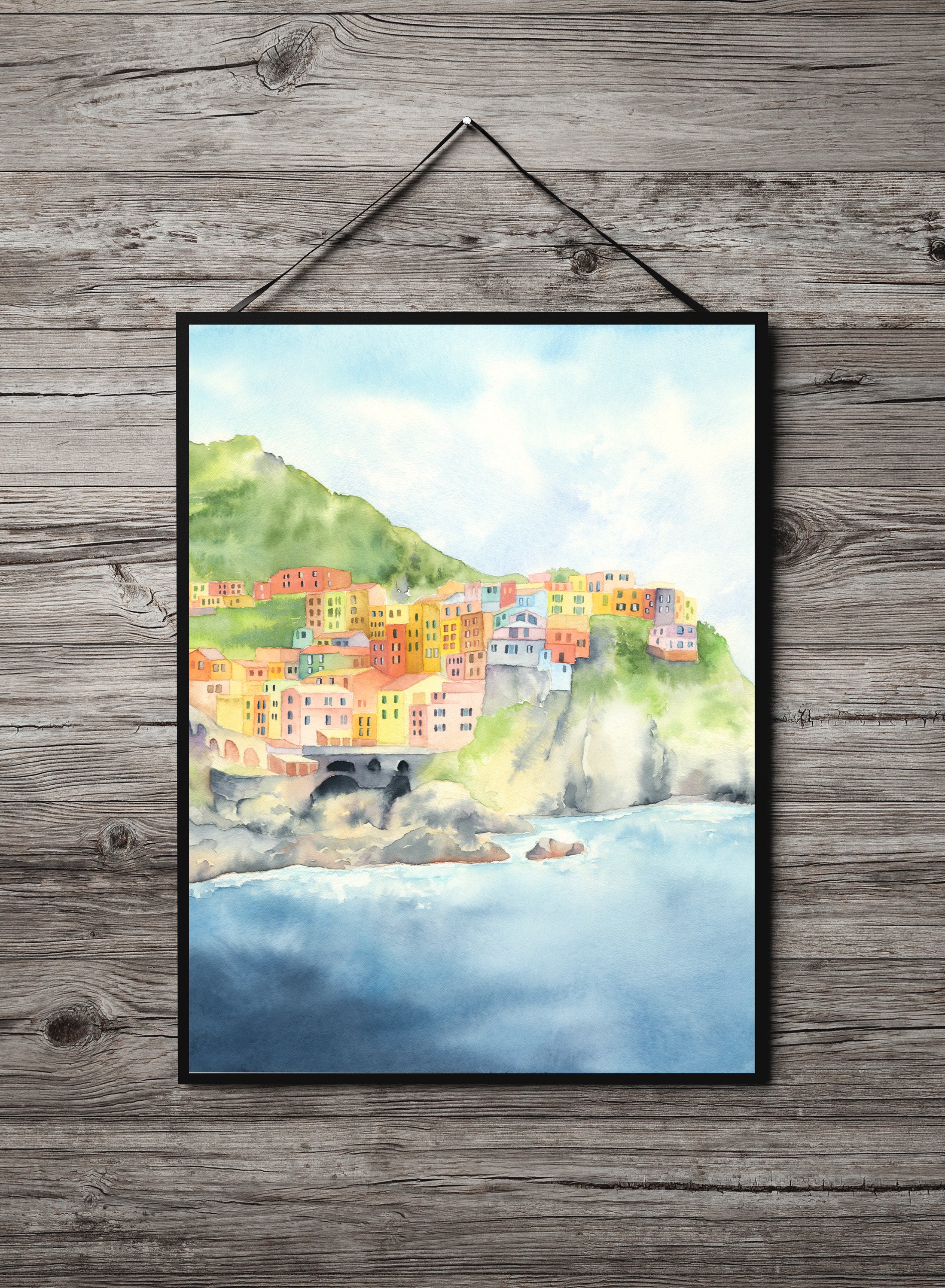チンクエ・テッレの水彩画：マナローラ（イタリア海岸）（デジタル