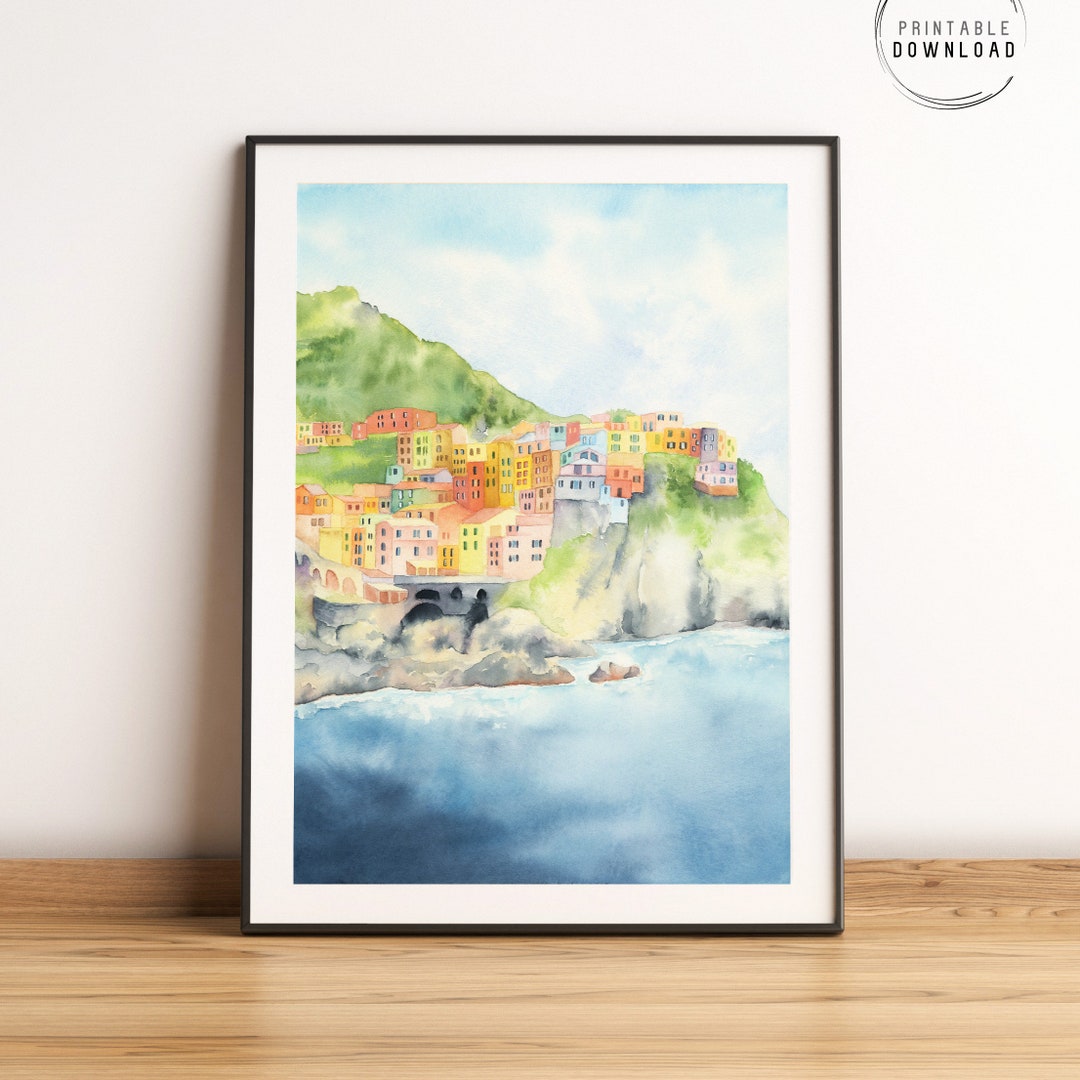 チンクエ・テッレの水彩画：マナローラ（イタリア海岸）（デジタル