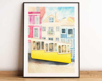 Lisbon print, Portugal printable download, Lisbon yellow tram, Portugal travel poster, Portuguese street, Lisboa city art, travel gift