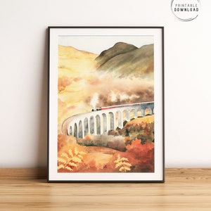 Schottland Malerei, Glennfinnan-Viadukt, schottische Highlands druckbare Download, Dampfzug, Reisekunst, Schottland Aquarell Herbstlandschaft