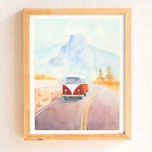 Dipinto di Yosemite, acquerello originale 8x10, parco nazionale della California, camper retrò, viaggio avventuroso su strada, illustrazione di Glacier Point