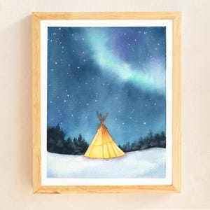 Dipinto di aurora boreale, acquerello originale 8x10, cielo notturno della Lapponia, paesaggio della Finlandia, tenda luminosa, arte murale avventurosa, aurora boreale