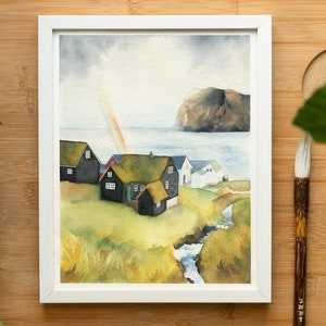 Faroe Islands painting, black houses with grass roofs, 8x10 original watercolor, Mikladalur village, mountain wall art, Denmark illustration image 4