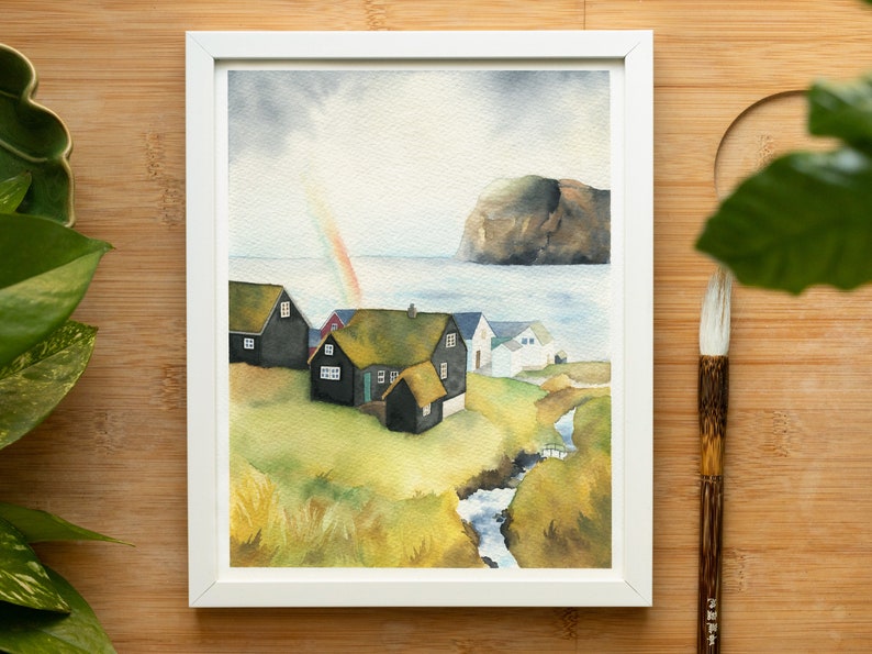 Faroe Islands painting, black houses with grass roofs, 8x10 original watercolor, Mikladalur village, mountain wall art, Denmark illustration image 4