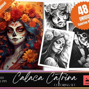 48 Calaca Catrina Coloring page set | Coloring Book, Adults, Instant Download Grayscale, Dia de los muertos, Printable PDF, Day of the dead.