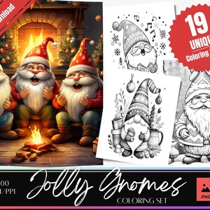 May include: A set of 19 printable coloring pages featuring jolly gnomes in various winter scenes. The gnomes are wearing festive hats and scarves, and some are holding gifts or mugs. The coloring pages are perfect for adults and children who enjoy coloring.