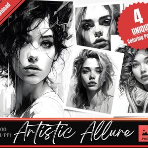 4 Artistic Portraits | Coloring pages | Adult coloring | Digital download | Instant download | Grayscale coloring | Beautiful women | Art