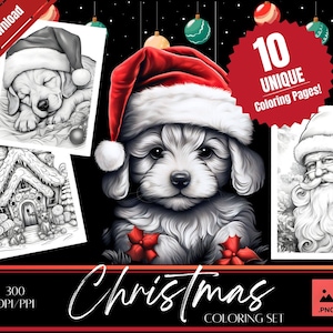 10 Christmas Coloring page set | Coloring Book, Adults + kids- Instant Download Grayscale, Coloring Page, Printable PDF, Cute & Adorable