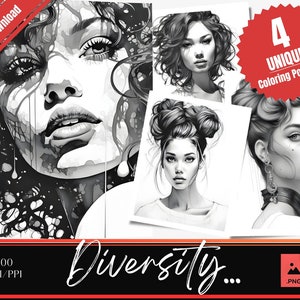 4 Diversity Portraits | Coloring pages | Adult coloring | Digital download | Instant download | Grayscale coloring | Beautiful women | Art
