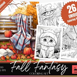 26 Fall Fantasy Coloring pages | Coloring Book | Digital download | Instant download | Grayscale coloring | Cute autumn art | Thanksgiving