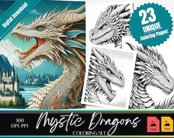 23 Beautiful Dragons Coloring Book, Fantasy Adult Dragon Coloring Book for Kids and Adults, Instant Download, Printable PDF, Dragons