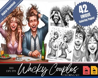 42 Wacky couples messy hair adult coloring book | Digital download | PDF Download | Grayscale coloring | Wacky Besties | Funny printable art
