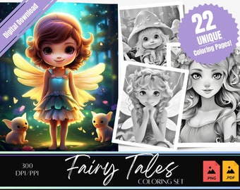 22 Fairy Tales Coloring page | Coloring Book | Simple cute coloring | Instant Download | Grayscale coloring Page | Printable PDF | Fantasy