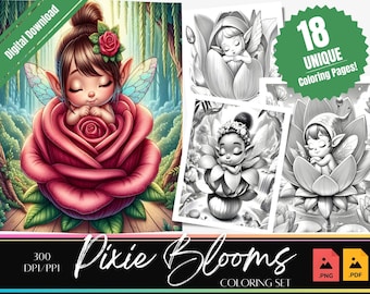 18 Fairy Coloring page | Coloring Book | Simple cute coloring | Instant Download | Grayscale coloring Page | Printable PDF | Fantasy art