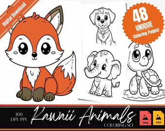 48 Libro para colorear Kawaii fácil para niños, niños pequeños, preescolares, páginas para colorear simples, jardín de infantes, educación en casa imprimible, PDF, PNG