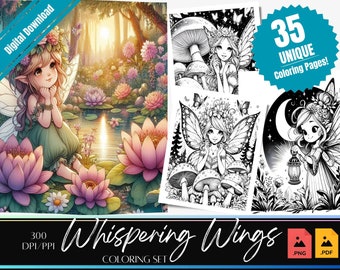 35 Fairy Coloring page | Coloring Book | Simple cute coloring | Instant Download | Grayscale coloring Page | Printable PDF | Fantasy art