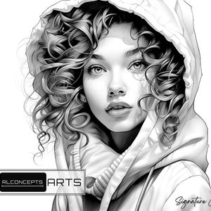May include: Black and white illustration of a woman with curly hair wearing a hooded jacket. The woman is looking to the right of the image. The text "RLCONCEPTS ARTS Signature Collection" is at the bottom of the image.