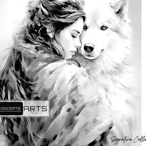 May include: A black and white painting of a woman with long hair embracing a white wolf. The woman's eyes are closed and she appears to be resting her head on the wolf's head. The painting is signed "RLCONCEPTS ARTS Signature Collection".
