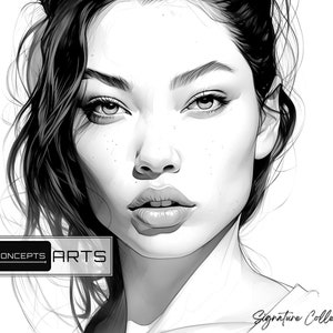 May include: Black and white digital illustration of a woman's face with long, wavy hair. The woman is looking directly at the viewer with a serious expression. The image is titled "RLCONCEPTS ARTS Signature Collection".