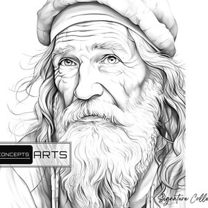 May include: Black and white pencil drawing of an older man with a long beard and long hair. He is wearing a hat and looking off to the side. The drawing is signed "RLCONCEPTS ARTS Signature Collection".