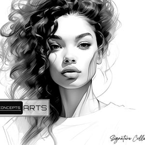 May include: Black and white digital illustration of a woman with curly hair. The woman is looking directly at the viewer. The image is signed "RLCONCEPTS ARTS" in the lower left corner and "Signature Collection" in the lower right corner.