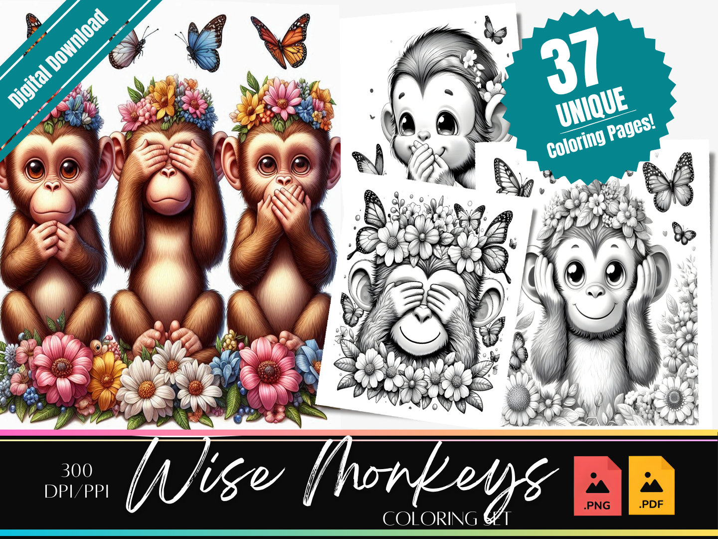 Wise Monkeys Coloring Pages: Grayscale Illustrations (PDF & PNG) - Etsy