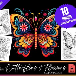10 prachtige vlinders en bloemen kleurplaatset | Kleurboek, volwassenen, Instant Download grijswaarden, kleurplaat, afdrukbare PDF.