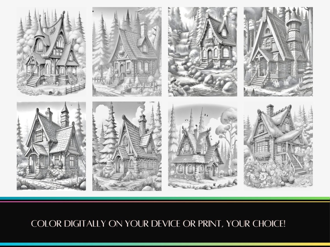 31 Mountain Cabins Adult Coloring Book Simple Cute Colouring Instant Download Kids Grayscale ...