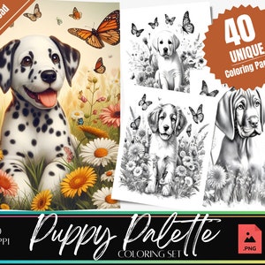 40 Cute Spring Puppies | Grayscale Coloring Pages | Printable Adult Coloring Pages | Download Grayscale Illustration | Animals Nature Art