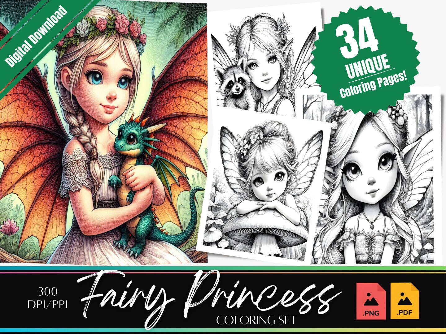 34 Fairy Coloring Page Coloring Book Simple Cute Coloring Instant Download Grayscale Coloring ...