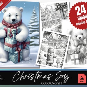 24 Christmas Coloring page set | Coloring Book, Adults + kids- Instant Download Grayscale, Coloring Page, Printable PDF, Christmas, Cute