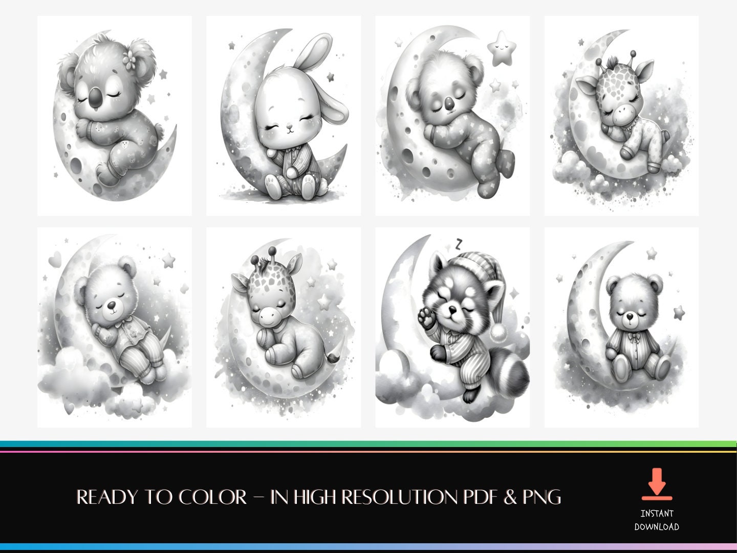 35 Cute Animals Coloring Book | Sleeping Over the Moon | Grayscale ...