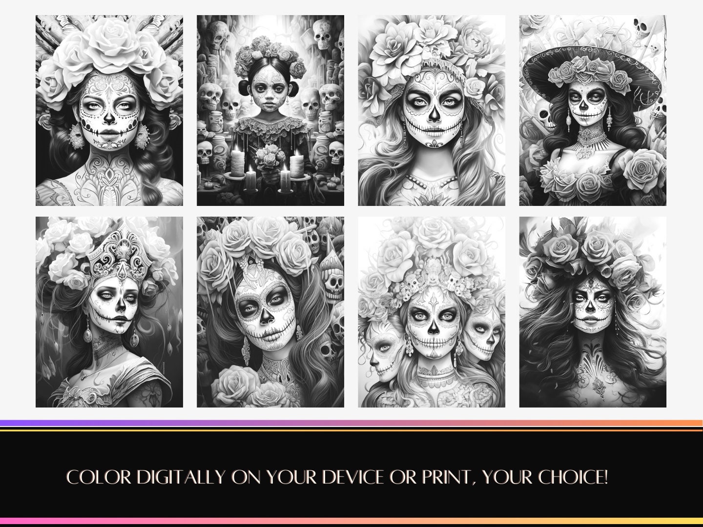 48 Calaca Catrina Coloring Page Set | Coloring Book, Adults, Instant ...