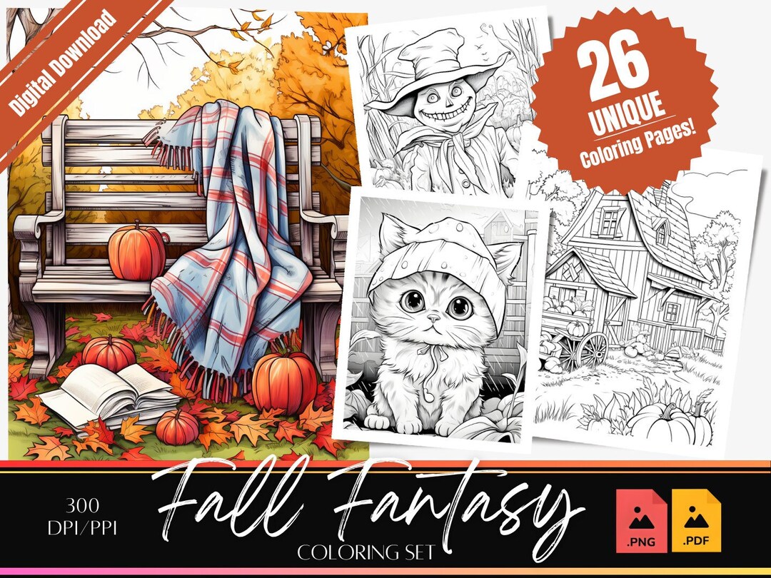 Fall Fantasy Coloring Book | 26 Grayscale Autumn Art Pages (digital ...