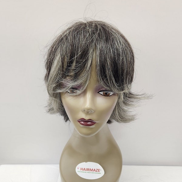 Short Wig Human Hair Gray mixed Black color (20917)