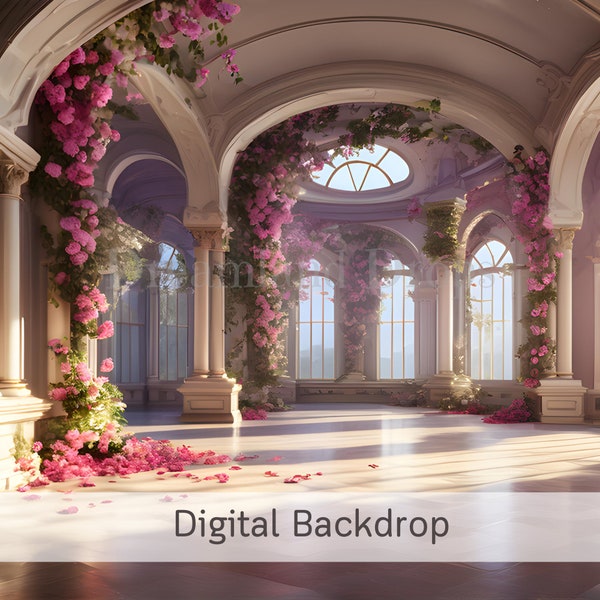 pink romantic ballroom digital background maternity photoshop composite photography wide-angle photoshoot digital backdrop stunning floral