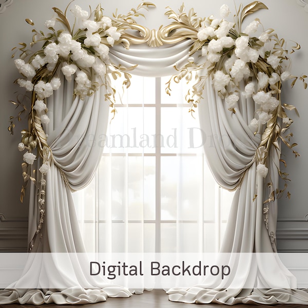 white floral bridal arch digital background elegant floral draped fabric wedding composite bride gown digital backdrop bridal photoshoot