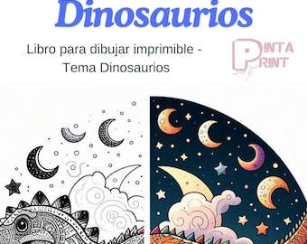 Puede incluir: Una página para colorear en blanco y negro de un dinosaurio con un cielo estrellado nocturno. El dinosaurio está en el lado izquierdo de la página y el cielo estrellado nocturno está en el lado derecho de la página. El lado derecho de la página está coloreado con un arcoíris de colores.