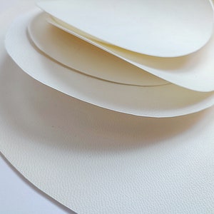 Op de afbeelding: Close-up van verschillende crèmekleurige, bloemblad-vormige papieren uitsparingen, gelaagd om een driedimensionaal effect te creëren. Het papier heeft een subtiele textuur en de belichting benadrukt de rondingen en schaduwen.