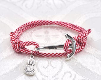St. Philomena Cord Bracelet with Two Knots & Anchor Clasp, Adjustable, St Philomena Silhouette Medal and Prayer