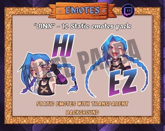 May include: Digital art featuring two cartoon emotes of a character with blue hair and a black outfit. One emote says "HI" and the other says "EZ". The text "JINX - 12 Static emotes pack" is also visible.