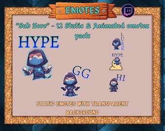 Könnte beinhalten: Eine digitale Illustration eines blauen Charakters mit einer Maske und einer Kapuze. Der Charakter wird in verschiedenen Posen und Ausdrücken gezeigt. Der Text "EMOTES" befindet sich oben im Bild. Der Text "Sub Zero" - 12 Static & Animated emotes pack" befindet sich unter dem Text "EMOTES". Der Text "HYPE", "GG", "LURK", "HYPE" und "HI" wird im Bild angezeigt. Der Text "STATIC EMOTES WITH TRANSPARENT BACKGROUND" befindet sich unten im Bild.