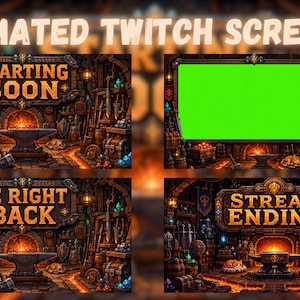 May include: A set of animated Twitch screens featuring a fantasy blacksmith workshop theme with a central anvil, glowing forge, and treasure chests. The screens include text overlays reading STARTING SOON, BE RIGHT BACK, and STREAM ENDING.