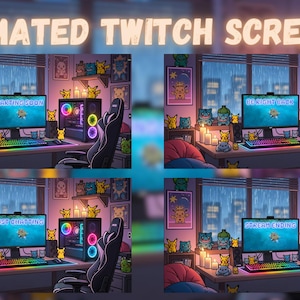 Könnte beinhalten: Animierte Twitch-Bildschirme mit einem Gaming-Setup mit Computer, Tastatur und Stuhl. Die Bildschirme zeigen "Gaming Soon" und "Just Starting". Der Raum ist mit Zeichentrickfiguren und Kerzen dekoriert, mit Blick auf ein regnerisches Fenster.