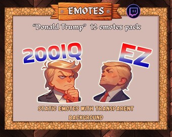 Könnte beinhalten: Eine digitale Illustration eines 12-Emoji-Pakets mit einem Cartoon-Bild von Donald Trump. Die Emojis sind statisch und haben transparente Hintergründe. Die Emojis enthalten Text wie "200IQ" und "EZ".