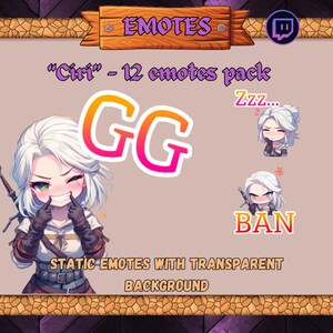 May include: A digital illustration of a cartoon character with white hair and green eyes. The character is wearing a brown leather jacket and a white shirt. The image is labeled "Ciri" and "12 emotes pack". The image also includes the text "GG", "Zzz...", and "BAN".