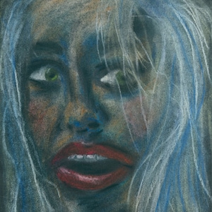 May include: A close-up portrait of a woman with long, white and blue hair. Her eyes are wide open and her mouth is open in a scream. The background is dark.