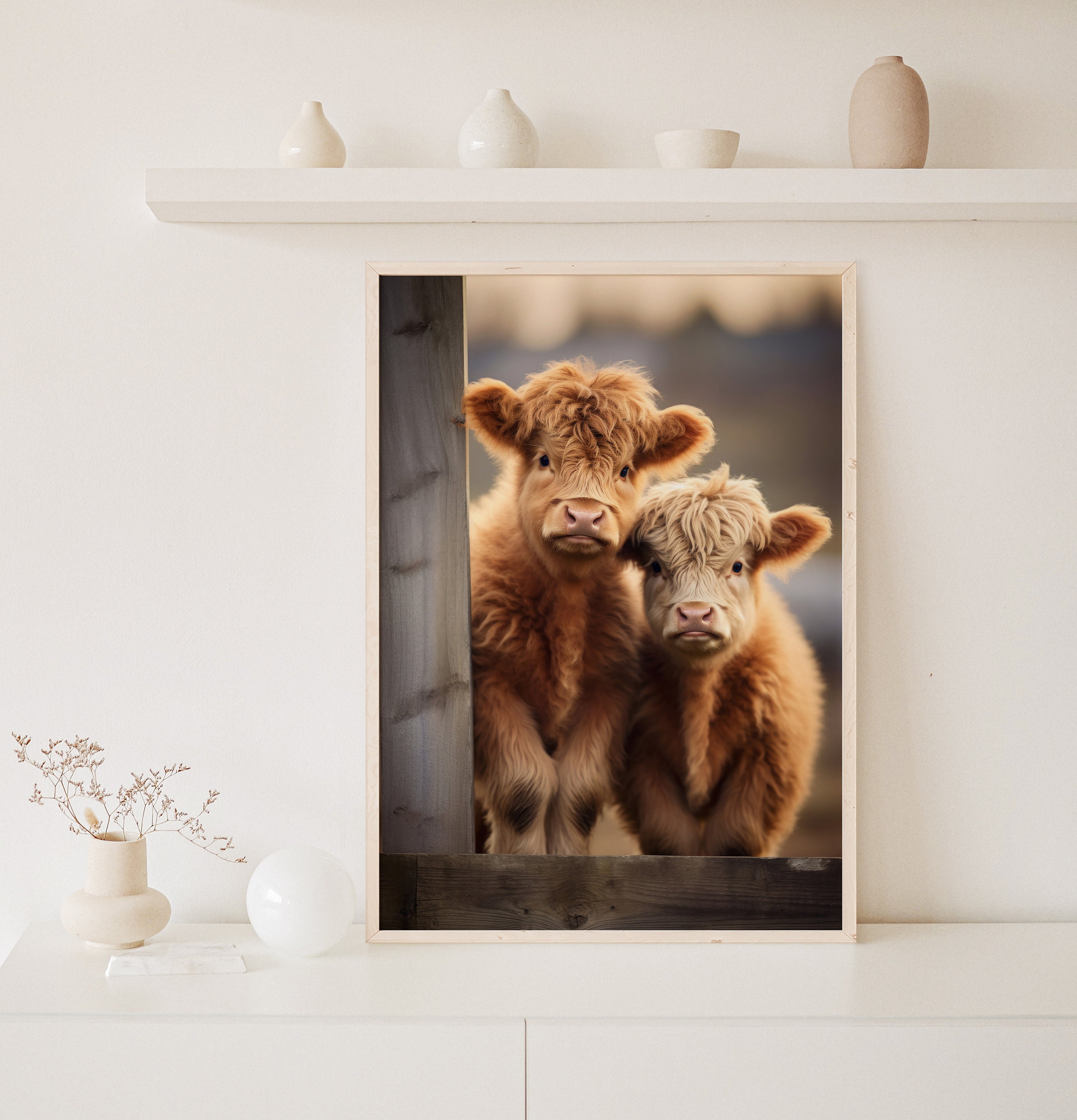 Highland Cows Wall Decor Baby Calves Canvas Art Print for Rustic Home